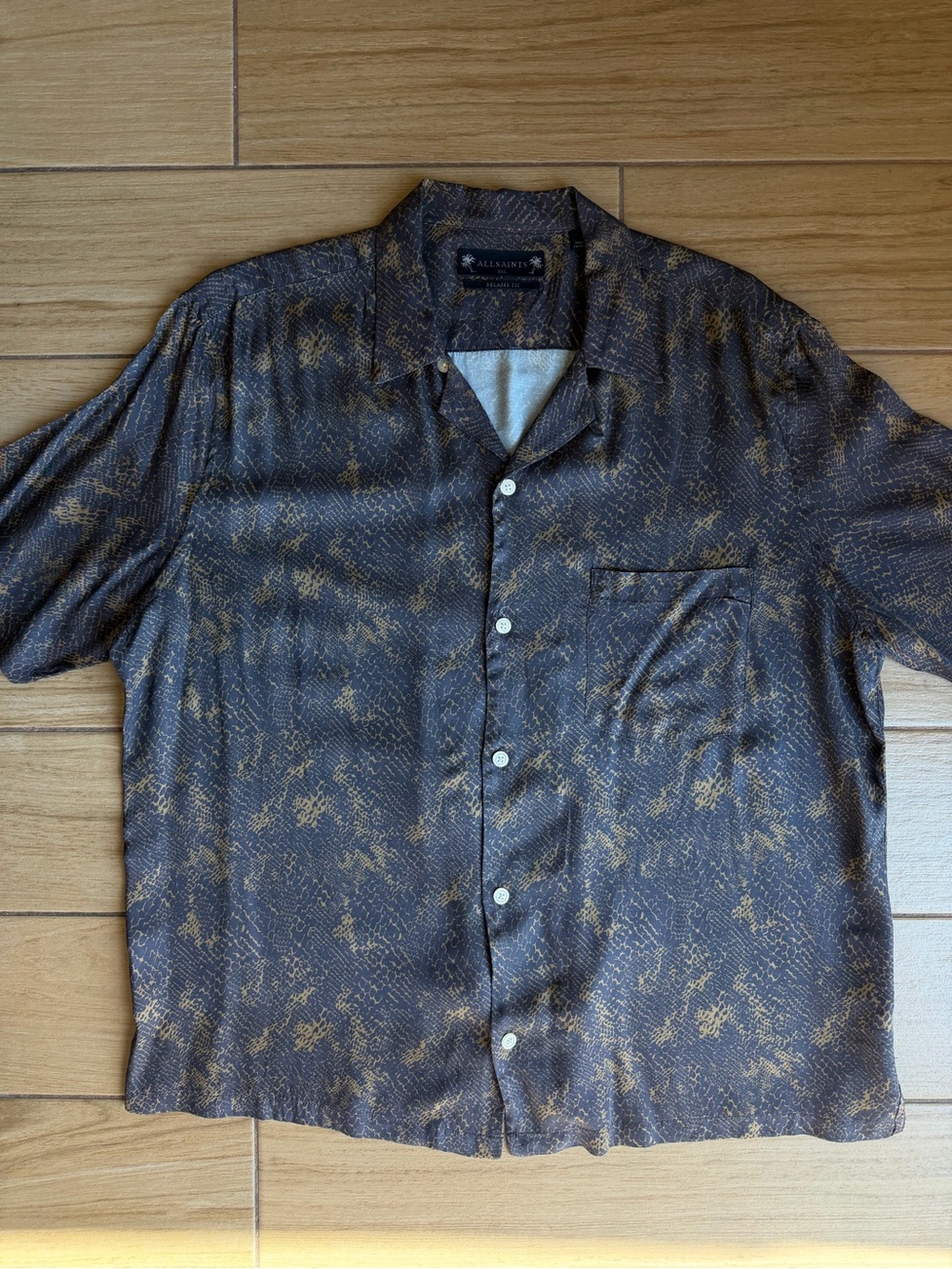 All Saints Brown Short-Sleeve Button-Down Shirt with Gold Pattern